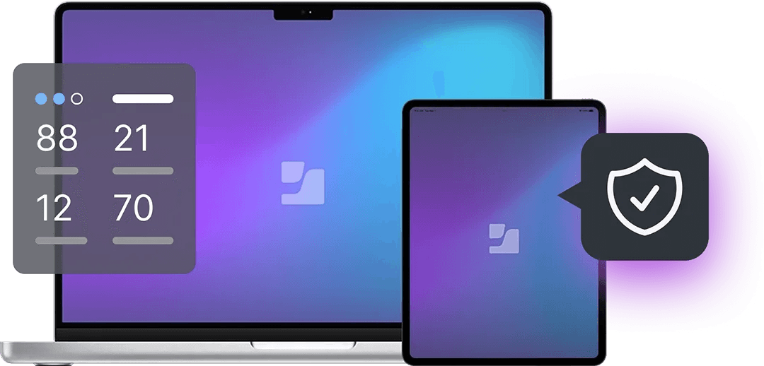 MacBook và iPad chạy trên hạ tầng Jamf Cloud, kèm bảng số liệu trạng thái thiết bị và huy hiệu bảo mật