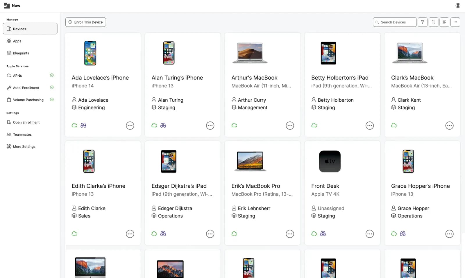 Giao diện Jamf Now hiển thị danh sách thiết bị Apple đã ghi danh theo bộ phận